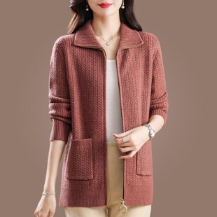羊毛针织开衫女春秋2025新款大尺码中年妈妈拉炼翻领毛衣外套中长