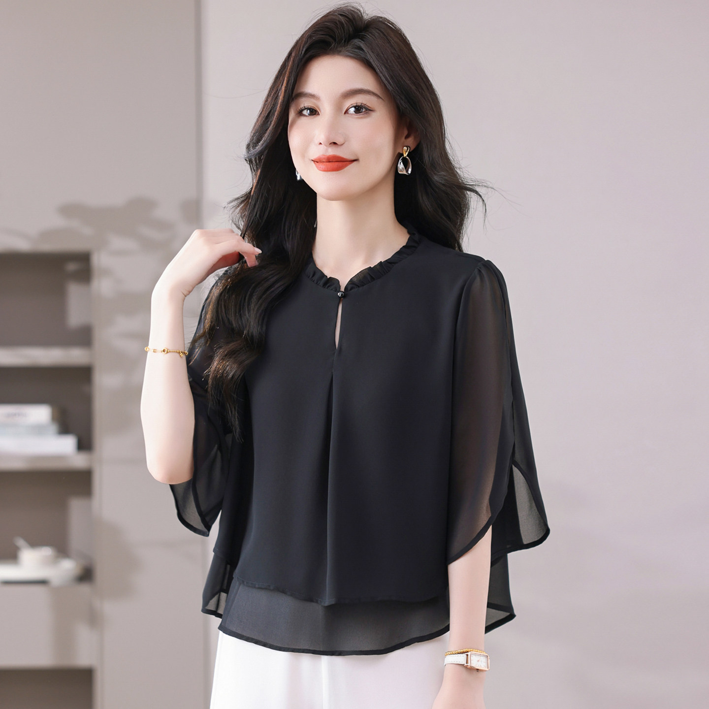 黑色桑蚕丝真丝上衣女士