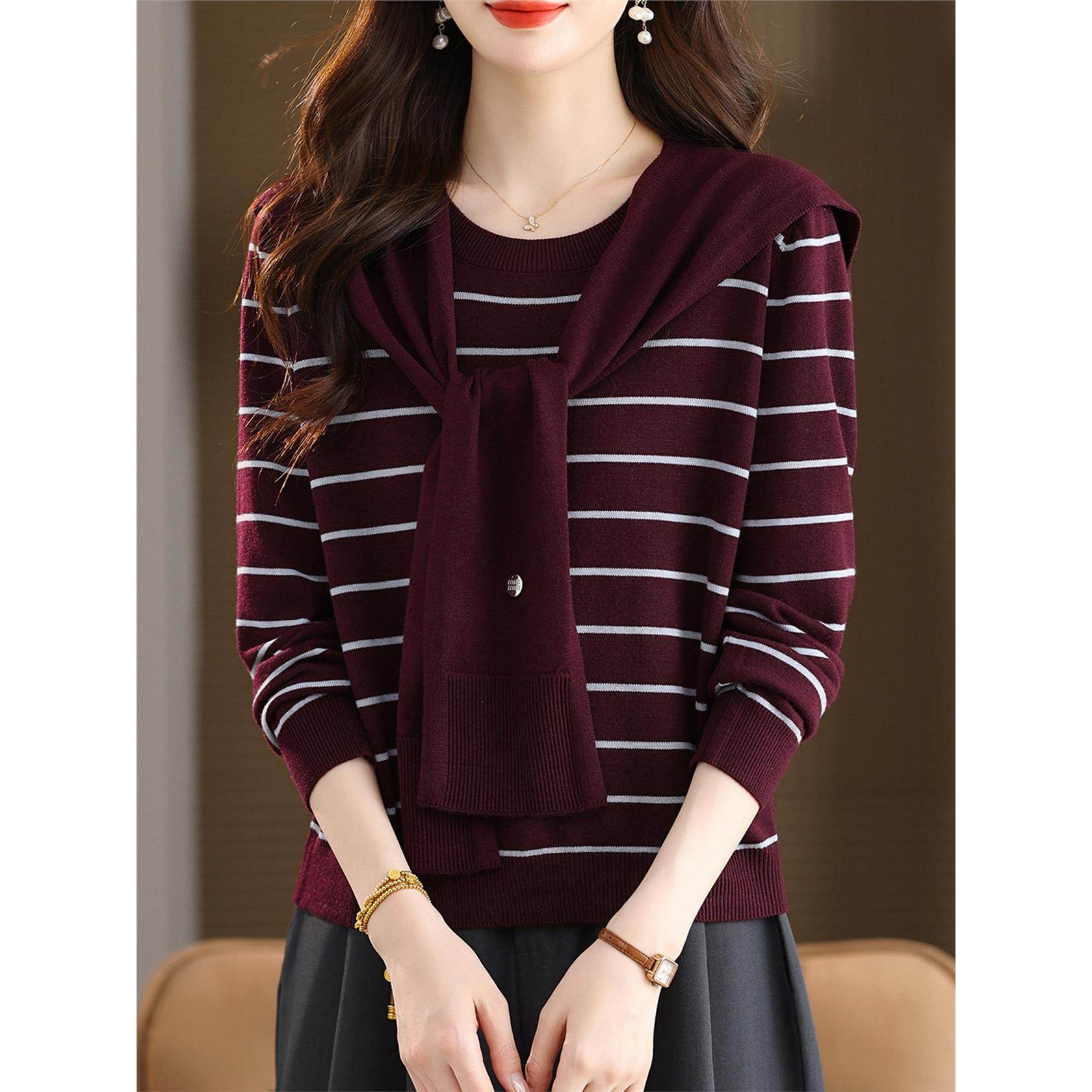 条纹针织衫女长袖上衣秋季披肩两件套2025新款圆领宽松打底衫毛衣