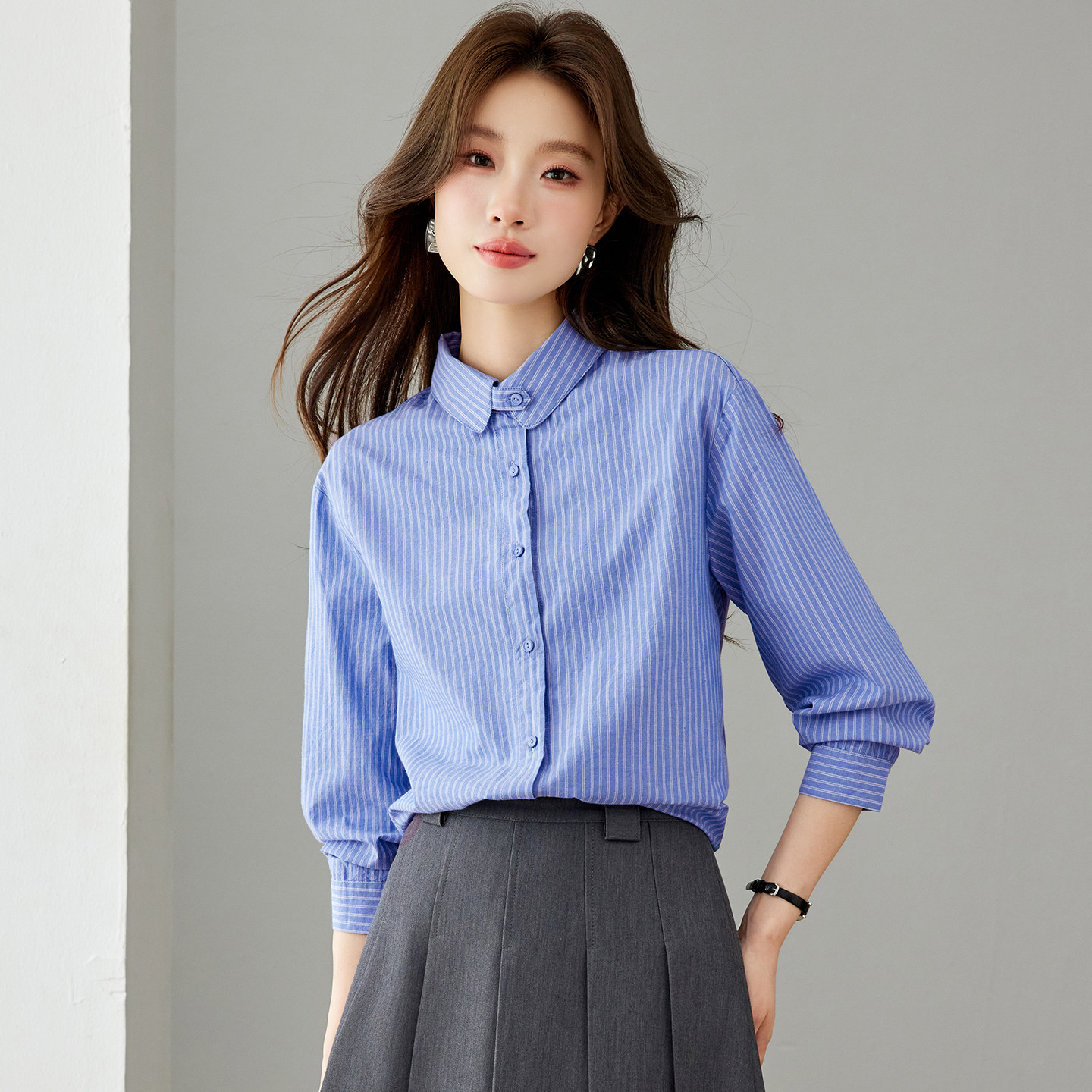 蓝色纯棉条纹衬衫女秋季2