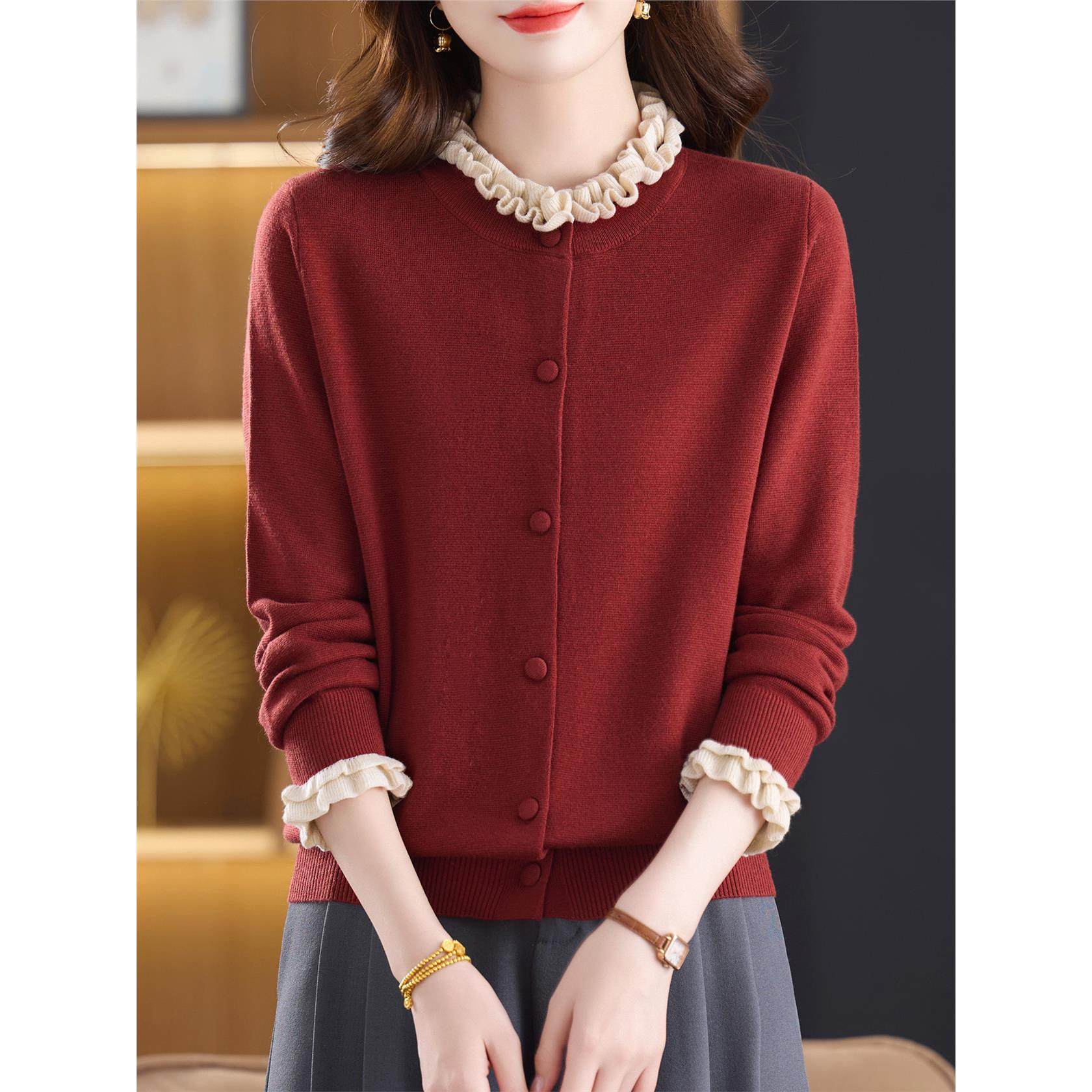 红色木耳领针织开衫女2025新款秋季宽松洋气百搭妈妈气质毛衣外套