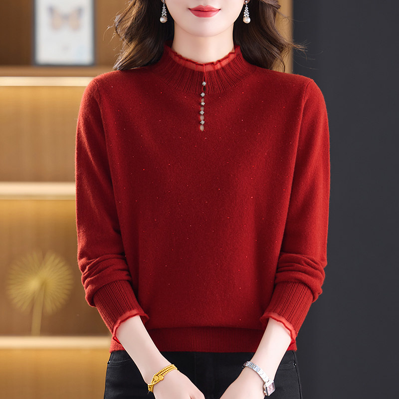 羊毛衫女秋冬季本命年半高领红色