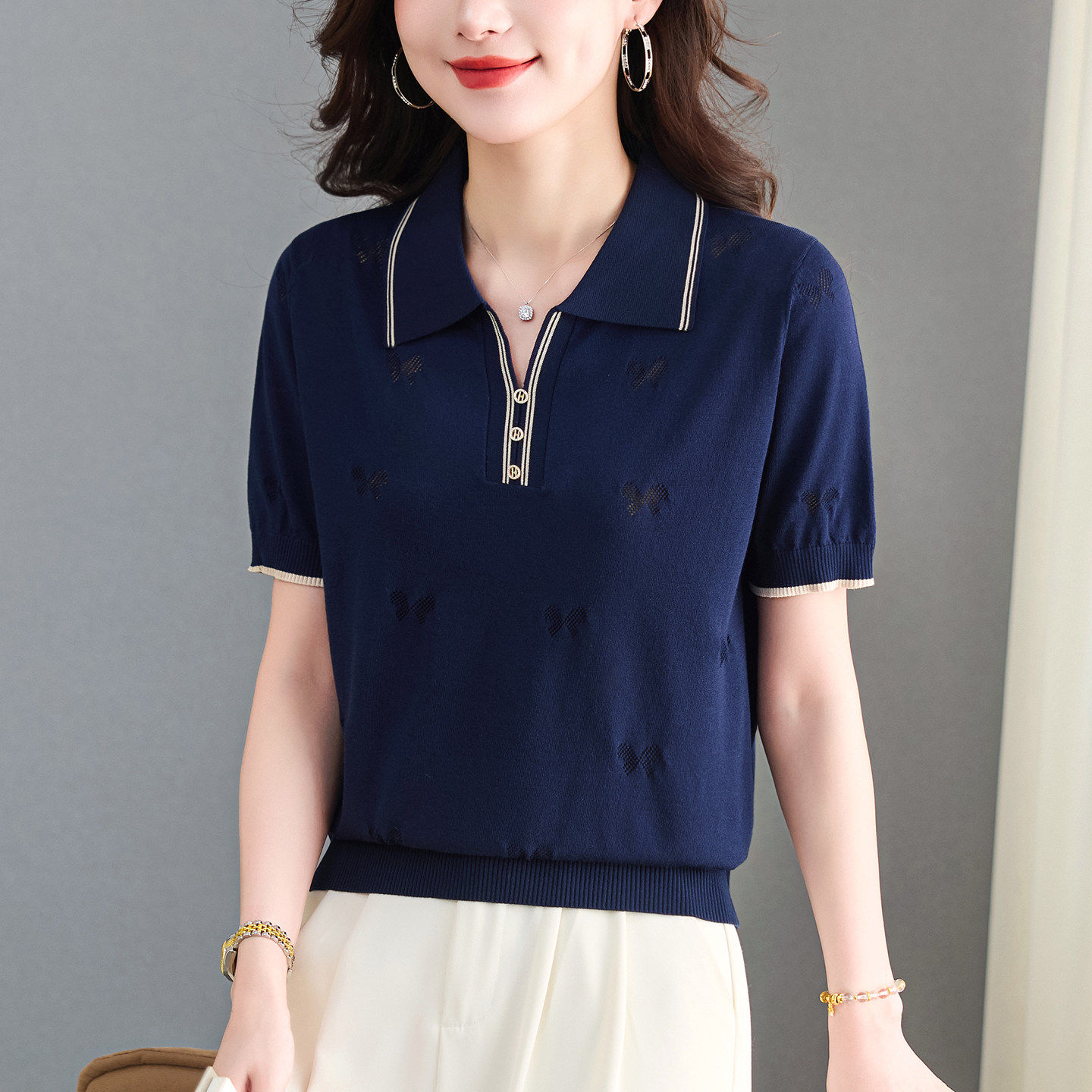 POLO领冰丝针织短袖上衣女薄款2026夏季新款宽松洋派妈妈T恤小衫