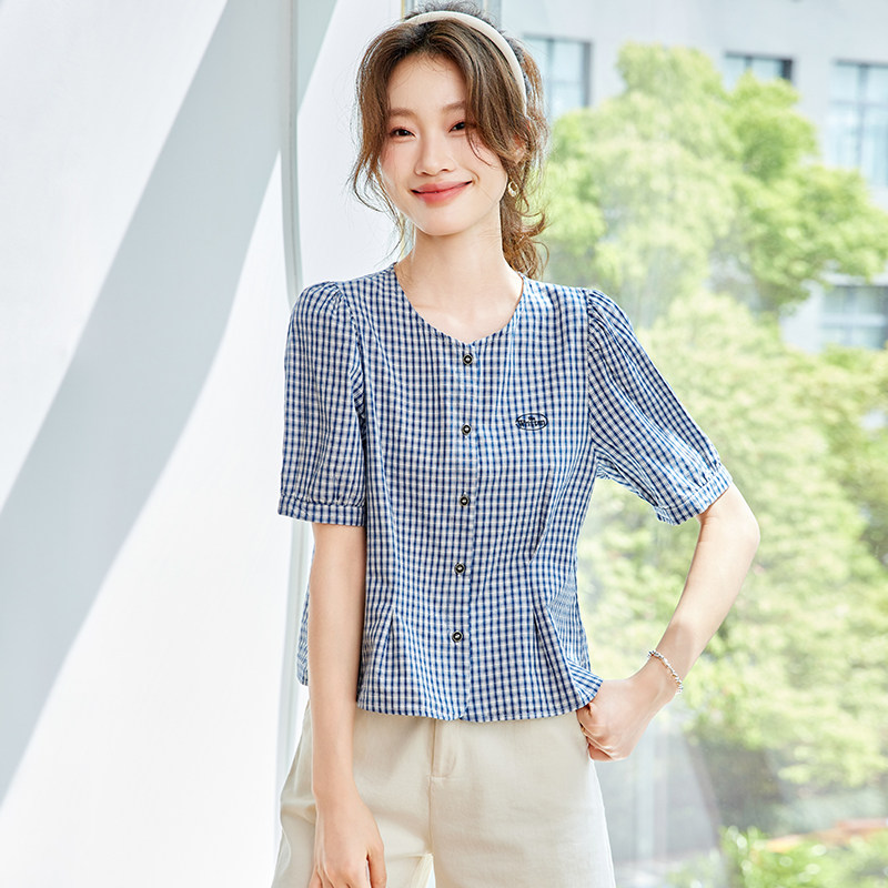 纯棉格子减龄短袖衬衫女