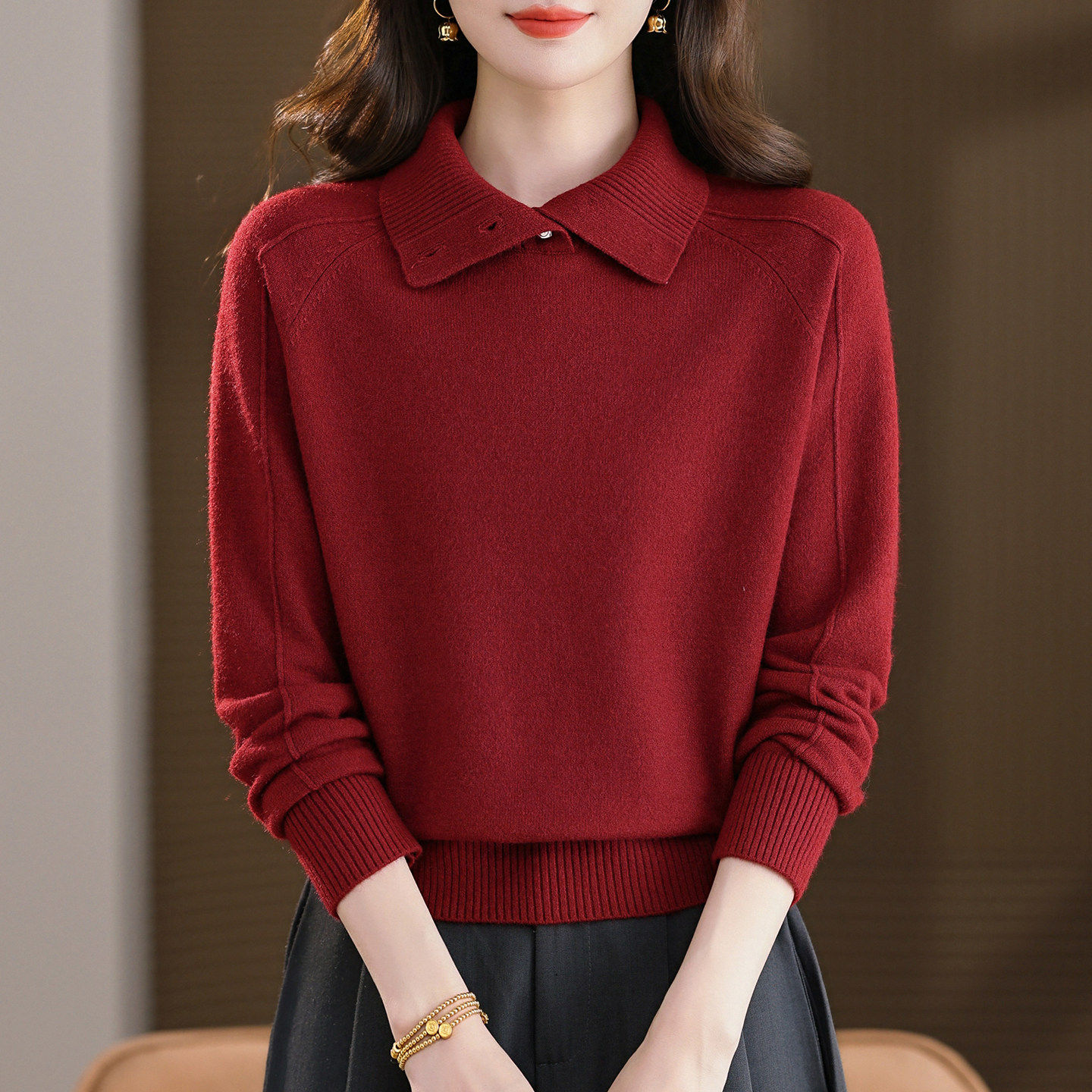 翻领套头毛衣女秋冬短款加厚针织打底衫高级感洋气内搭可外穿上衣