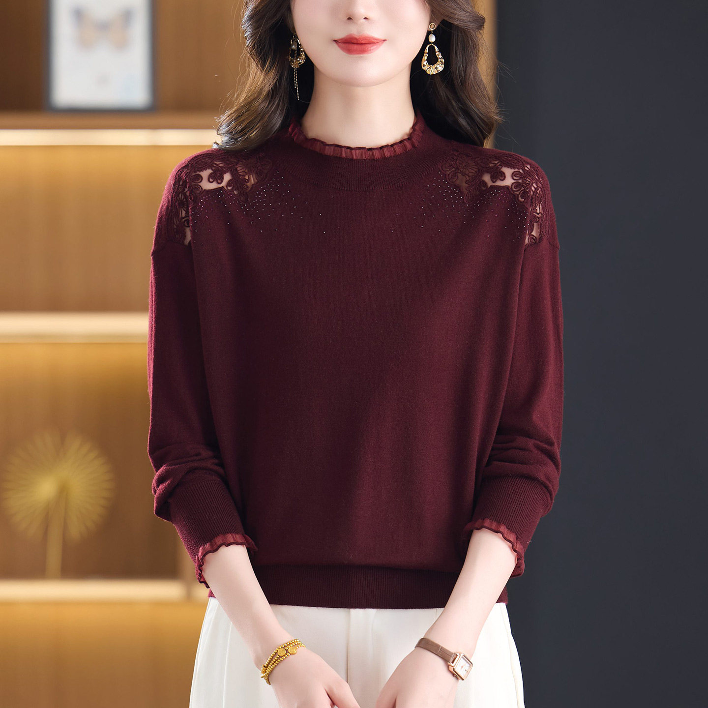 蕾丝针织打底衫女秋装202