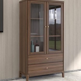 胡桃木置物柜带玻璃柜门客厅储物柜现代简约展示柜全实木书柜家用