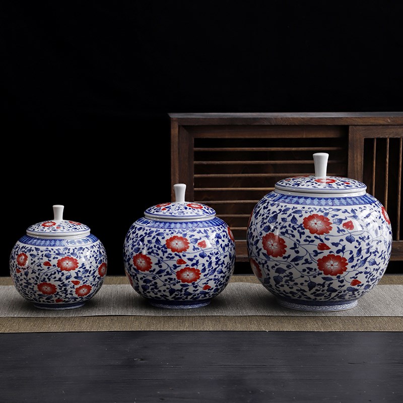 复古青花釉里红缠枝莲茶叶u罐陶瓷储物罐中药罐密封大中小茶仓空