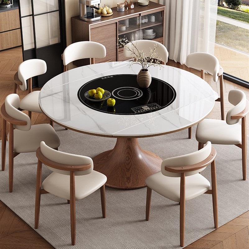 岩板餐桌椅2025新款家用u小户型电磁炉折叠伸缩可变圆桌实木饭桌