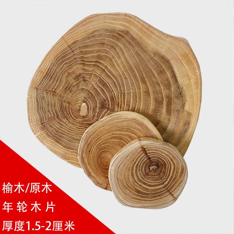 榆木年轮原木板年轮圆木片实木树桩装饰绿植点Q心底座桌面摆件木
