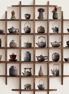 新中式茶室民宿博古架茶壶茶叶罐摆件办公室软装茶V道复古工艺摆