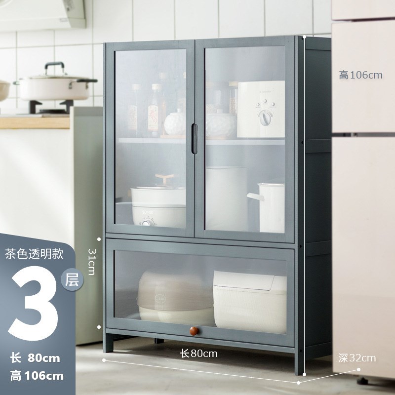 带门厨房置物架多层落地储物柜微波炉锅具收纳P柜子碗柜家用餐边