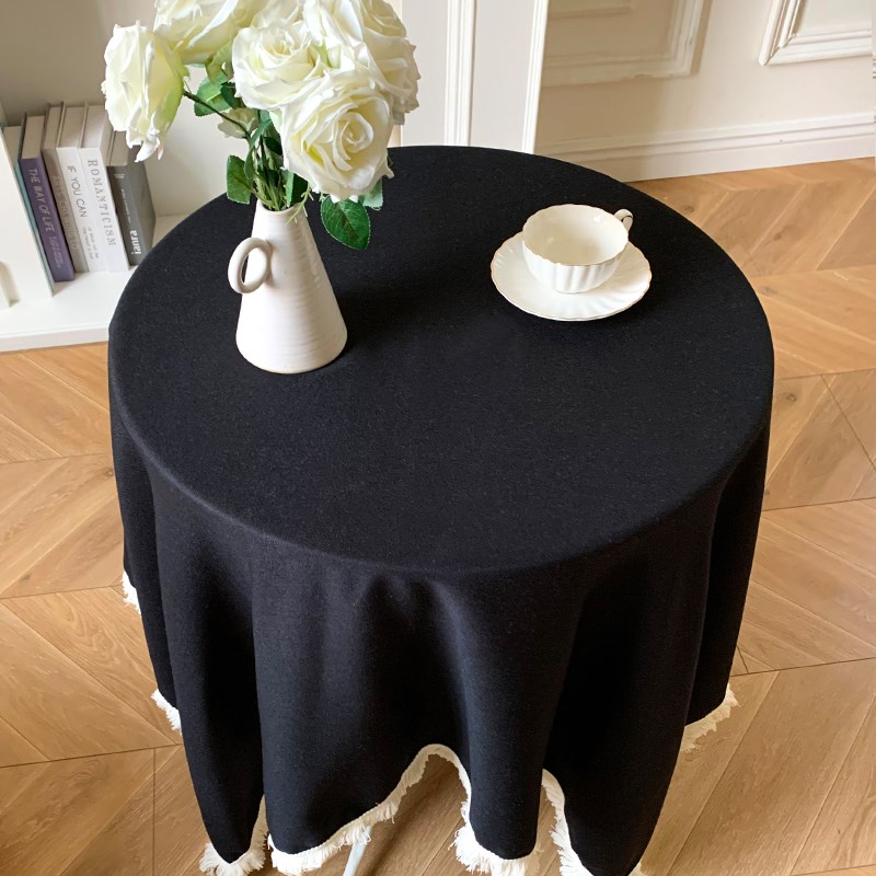 黑色圆桌盖布棉麻布艺复古u风圆形餐桌防尘盖巾圆桌子桌布茶几台