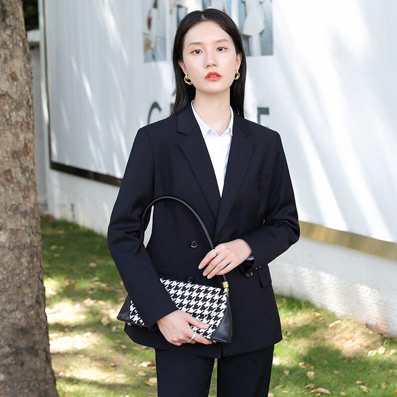 时尚休闲韩版两件套西服春秋大学生双排扣西装套装女面试正装职业
