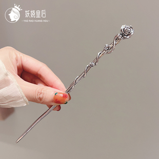 古风清冷感气质纹路祥云银色玫瑰发簪简约步摇簪子V日常盘发发钗