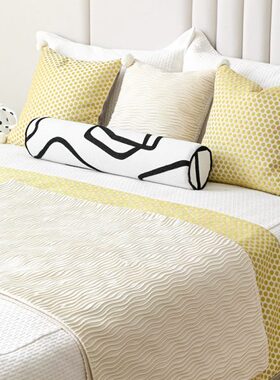 床品抱枕儿童房绿色抱枕靠垫软装现代样板间多件套床尾巾黄系床旗