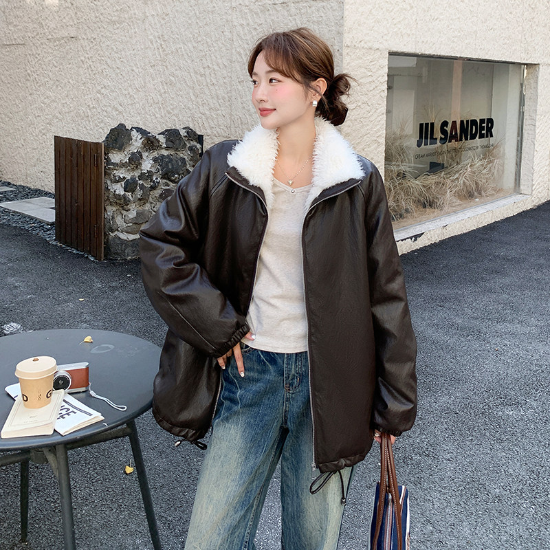 羊羔毛领翻领PU皮衣外套女2025年冬季新款小个子加绒加厚保暖夹克,女装皮草,浙宝187