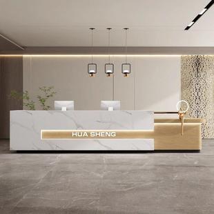 轻奢仿大理石饰面木纹接待前台柜简约现代公司酒店台球厅服务吧台