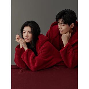 同语冬季情侣睡衣红色珊瑚绒结婚新年本命年抗静电男女家居服套装