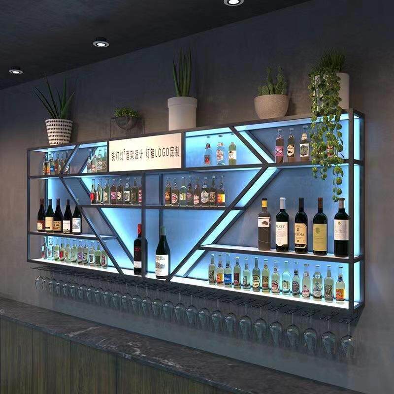 酒吧吧台墙上酒架壁挂红啤酒柜铁艺发光展示架餐厅创意多层置物架
