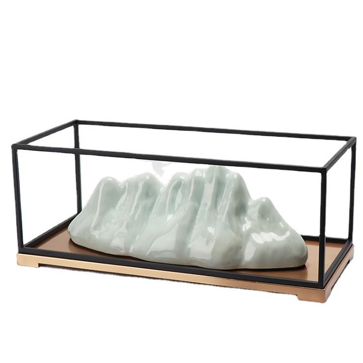 中式玄关桌面样板房假山摆件金属框树脂假山软装饰品摆件工艺品
