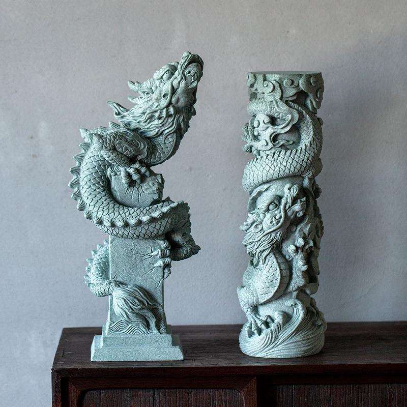陶怡 中式创意国潮盘龙石柱 青砂石逗兽记家居装饰摆件鱼缸造景