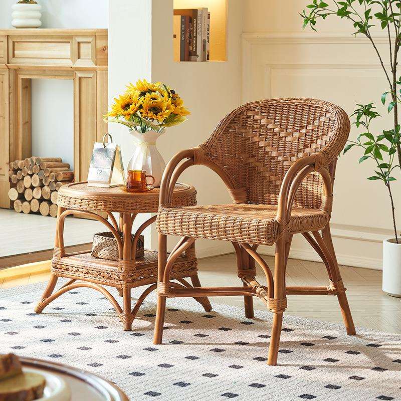 新中式植物藤椅家用客厅椅子茶几组合中古民宿阳台藤编桌椅三件套