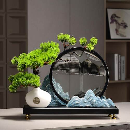 新中式迎客松摆件流沙画玄关博古架复古风禅意茶室家居装饰品