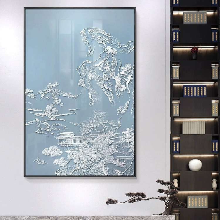 3D立体浮雕山水玄关挂画酒店过道实物画新中式客厅餐厅大气装饰画图片
