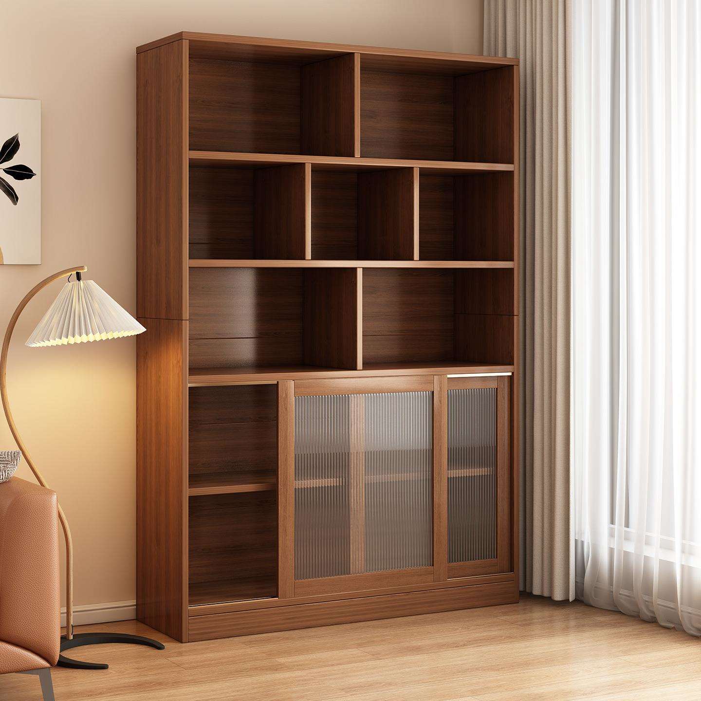 书架落地置物架厅柜子收纳柜家用靠墙书柜带柜门储物柜一体展示柜