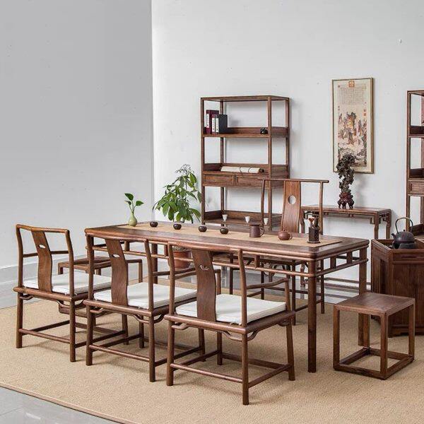 新中式茶桌椅组合黑胡桃木原木功夫泡茶台老榆木禅意茶楼茶室家具