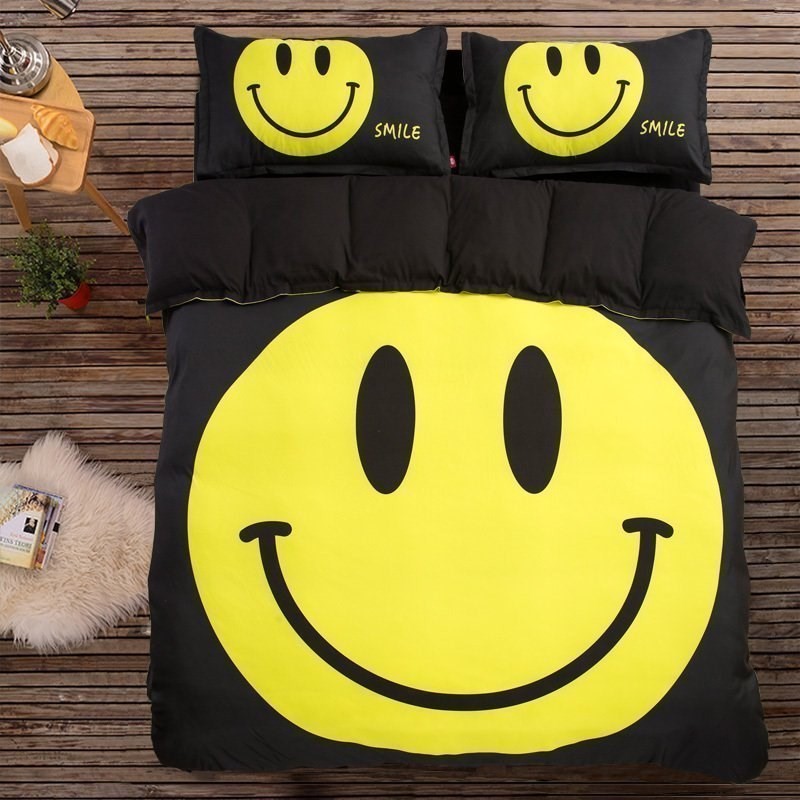 时尚笑脸床上用品四件套1s.8m双人被套1.5米床单人学生宿舍三件套
