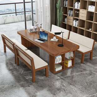 现代简约实木办公桌创意办公室职员洽谈会议桌长桌带柜子原木书桌