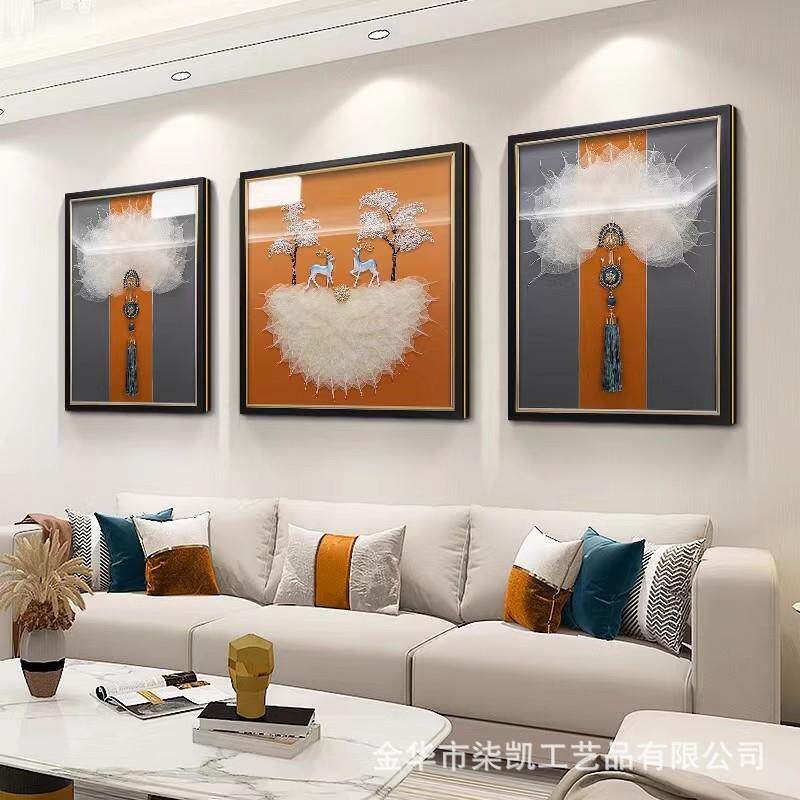 实物立体客厅沙发背景装饰画现代简约轻奢三联壁画菩提叶挂画