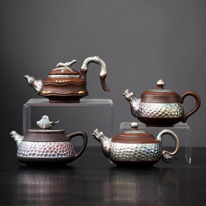 紫陶茶壶纯手工复古西施壶银壶龙头锤纹壶家用泡茶器紫砂壶