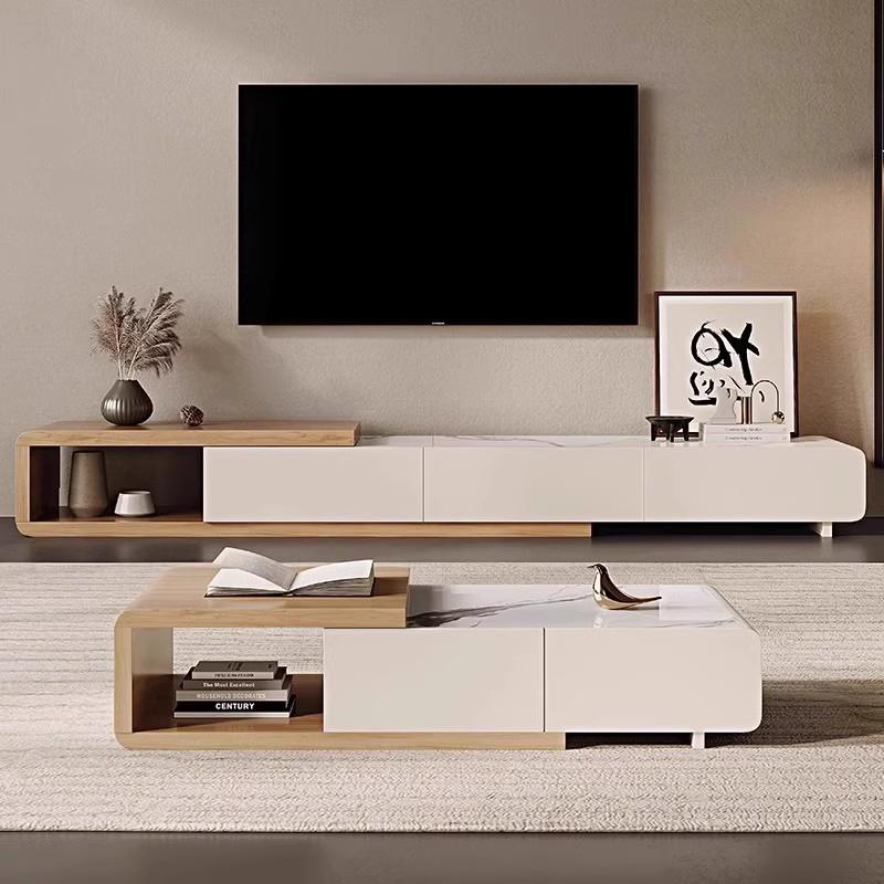 新款实木岩板茶几现代简约奶油风原木色可伸缩茶几电视柜组合