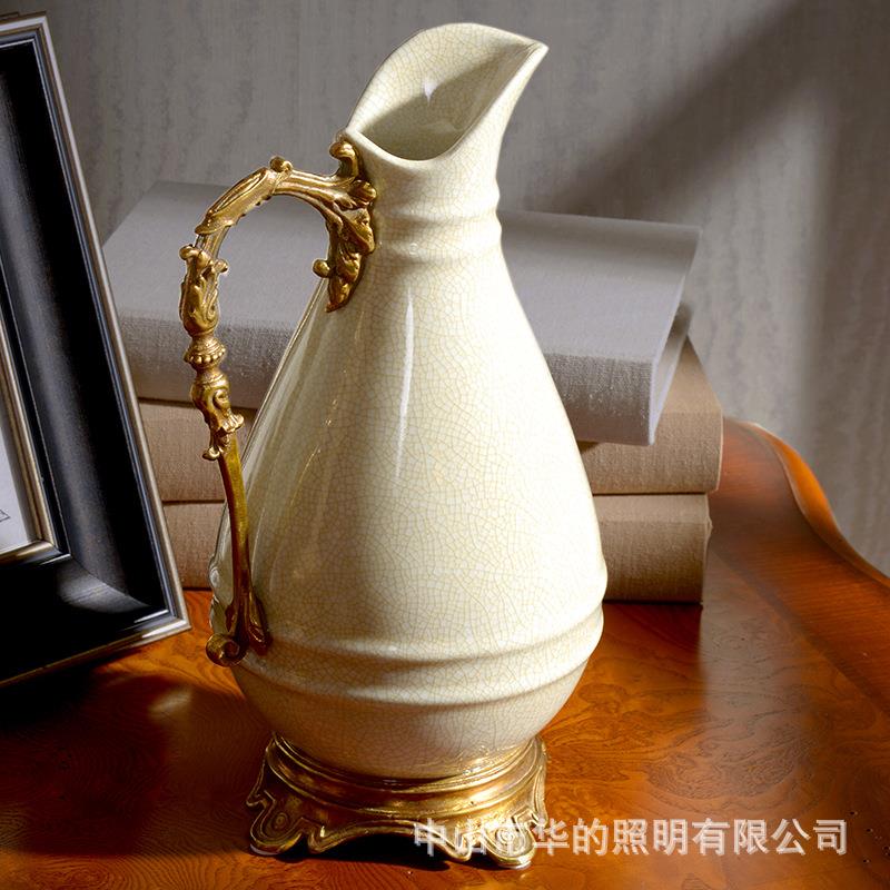 欧式高档陶瓷镶铜单耳茶壶摆件插花美式家居客厅餐厅奶壶装饰品