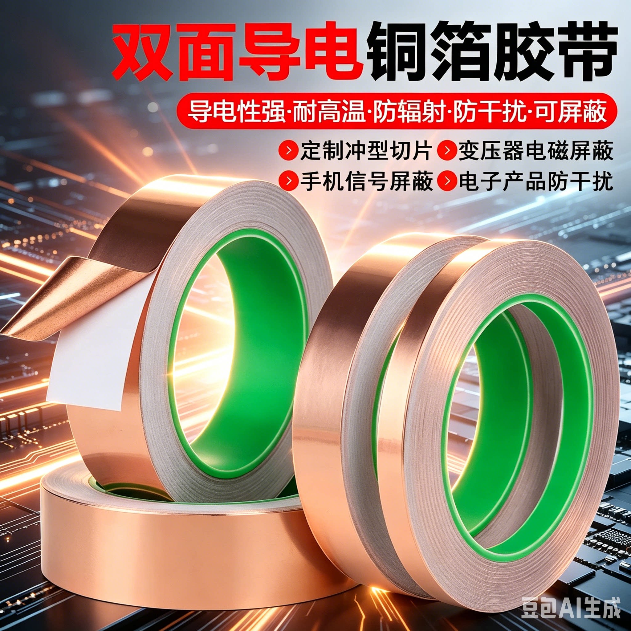 双面导电铜箔胶带纯铜双导自粘耐高温防静电屏蔽电磁干扰手机主板散热电子工业用电子屏蔽导电性强防干扰