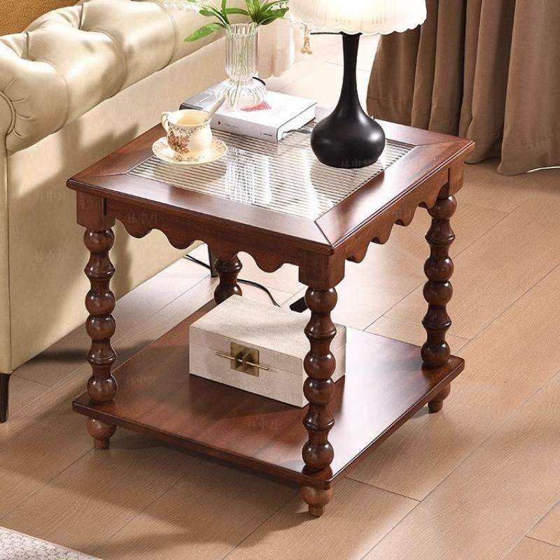 中古风茶几实木方几客厅家用复古长方形玻璃边几沙发双层置物角几