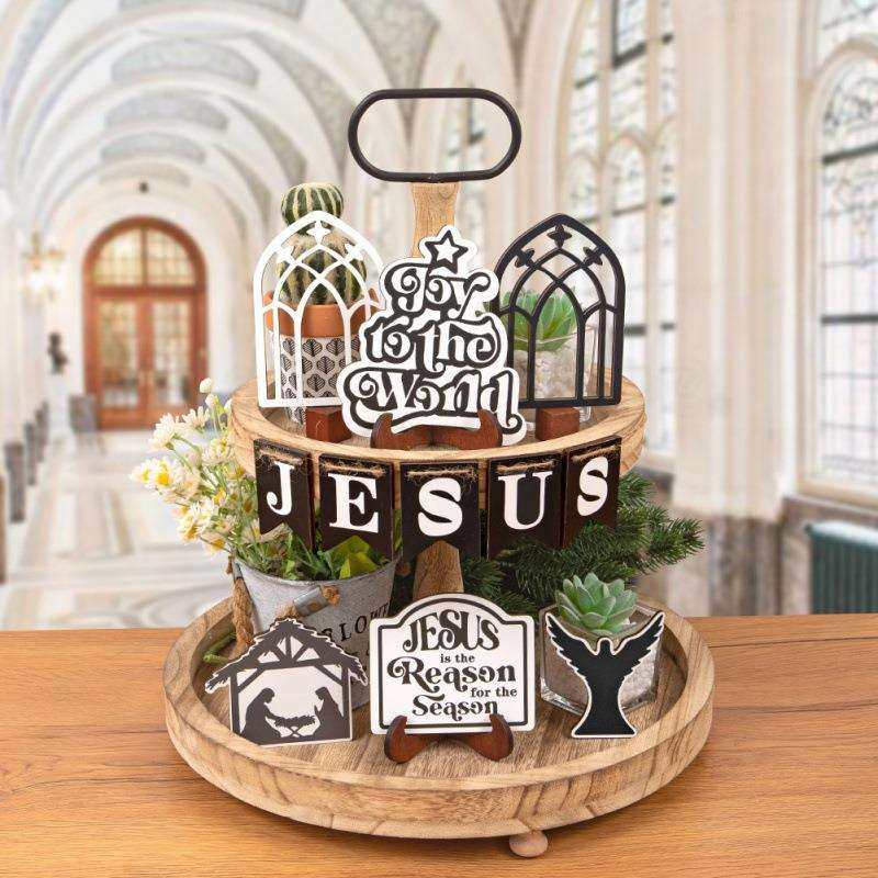 跨境圣诞节 普世欢腾圣诞颂歌款分层托盘装饰品 桌面木质摆件