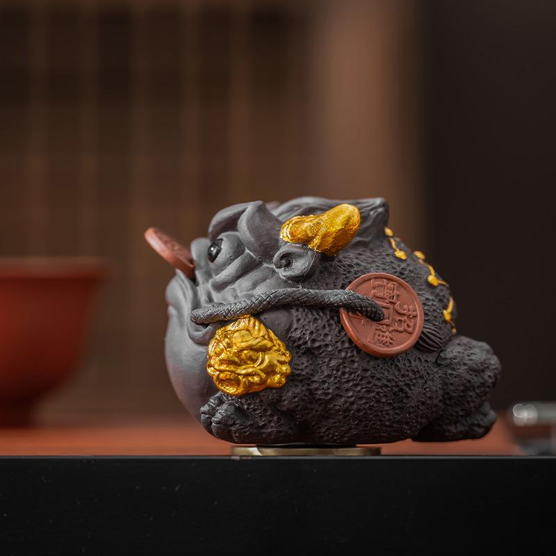 紫砂貔貅金蟾茶宠摆件精品可养仿古茶桌茶台可旋转招财蟾蜍玩