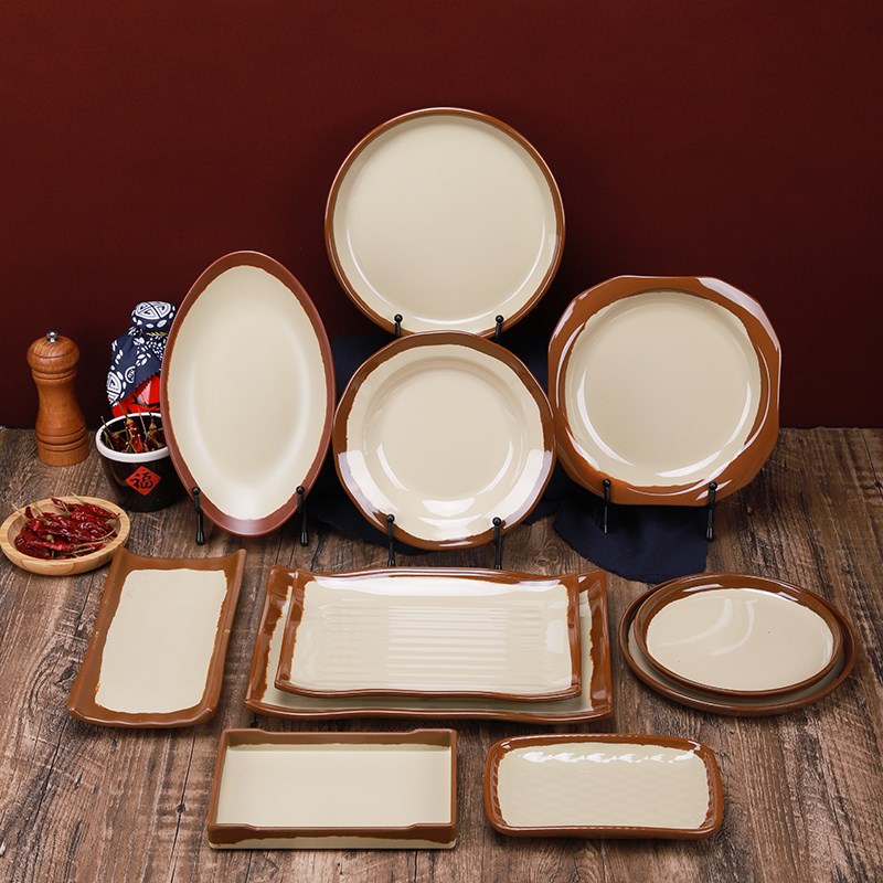 市井火锅b怀旧密胺复古土陶圆盘长方盘火锅店菜盘涮肉盘商用烧烤