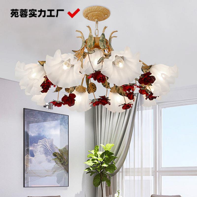 欧式田园卧室吊灯美式复古餐厅客厅铁艺花灯乡村浪漫玫瑰花朵灯具