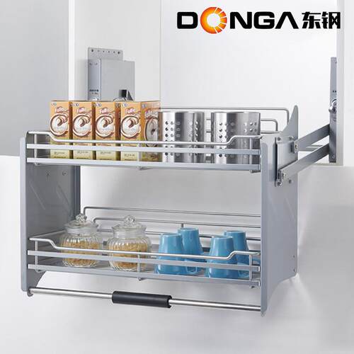 东钢厨房双层下拉式置物架调味篮橱柜上下缓冲开门式升降吊柜拉篮