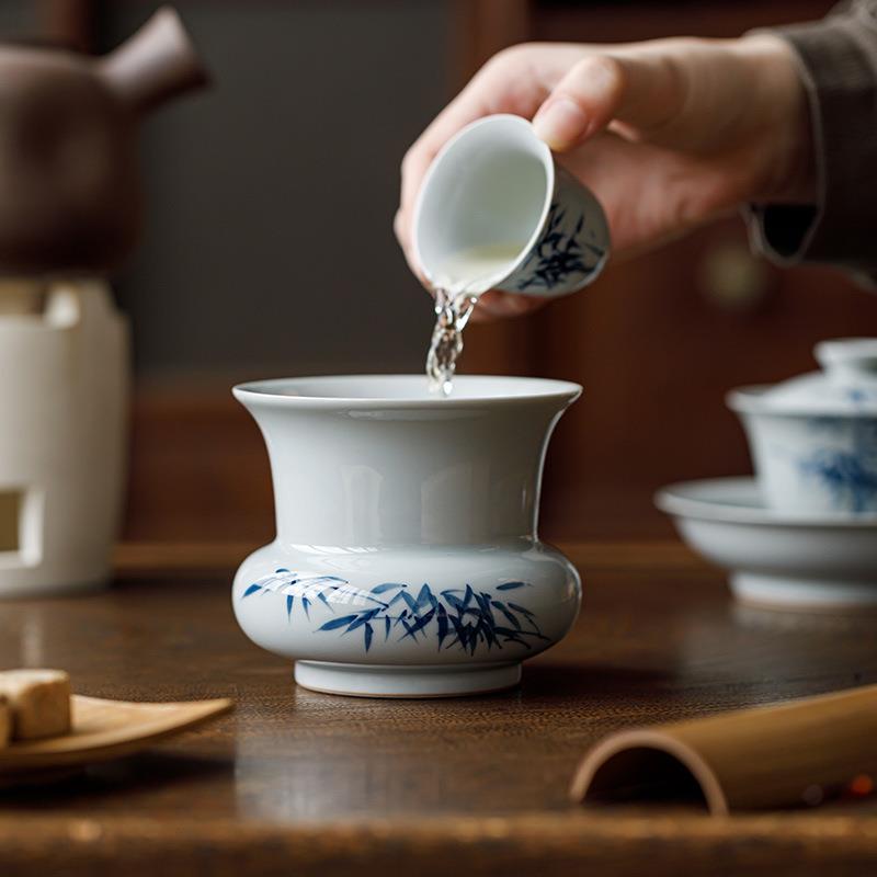 观岚陶瓷青花蓝竹建水茶渣缸高端杯洗水孟茶洗废水缸茶道零配件