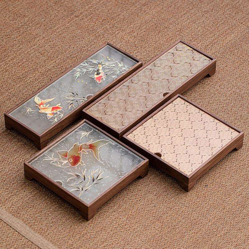 复古木质海棠花托盘家用长方形玻璃茶盘高颜值水果点心装饰收纳盘