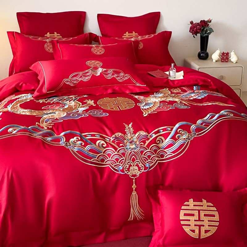 高档中式结婚四件套红色纯棉龙凤被套高级感喜庆陪嫁婚庆床上用品