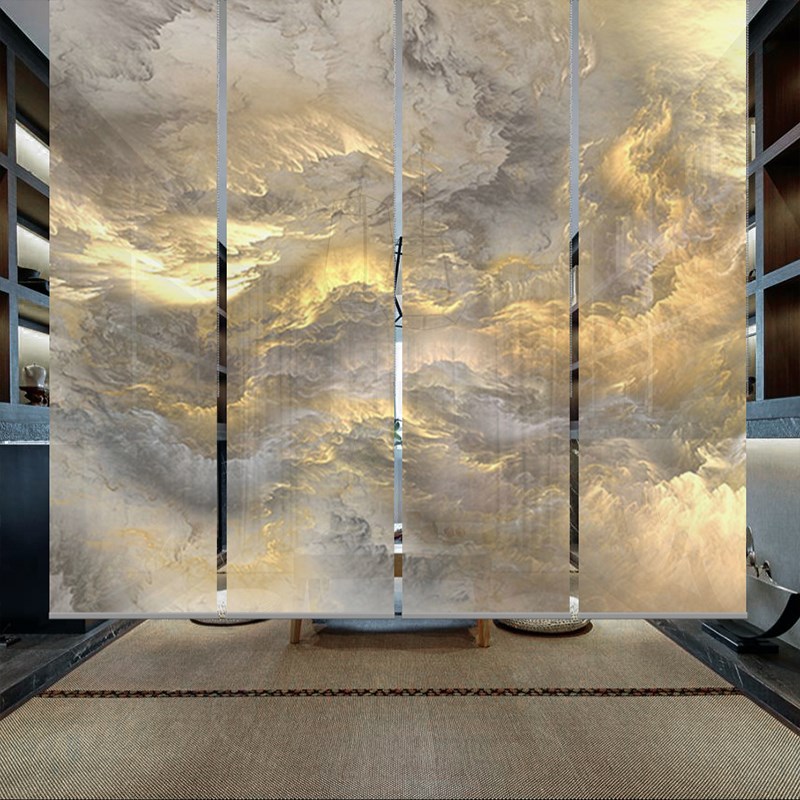 中式升降手拉挂式屏风软隔断玄关布帘客厅透明遮光祥云画卷帘窗帘