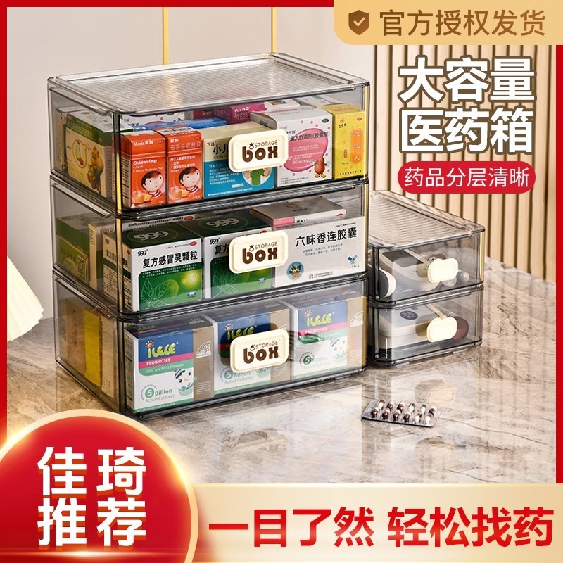 家庭装医药箱收纳盒大容量抽屉式透明H多层药品收纳柜家用药物药