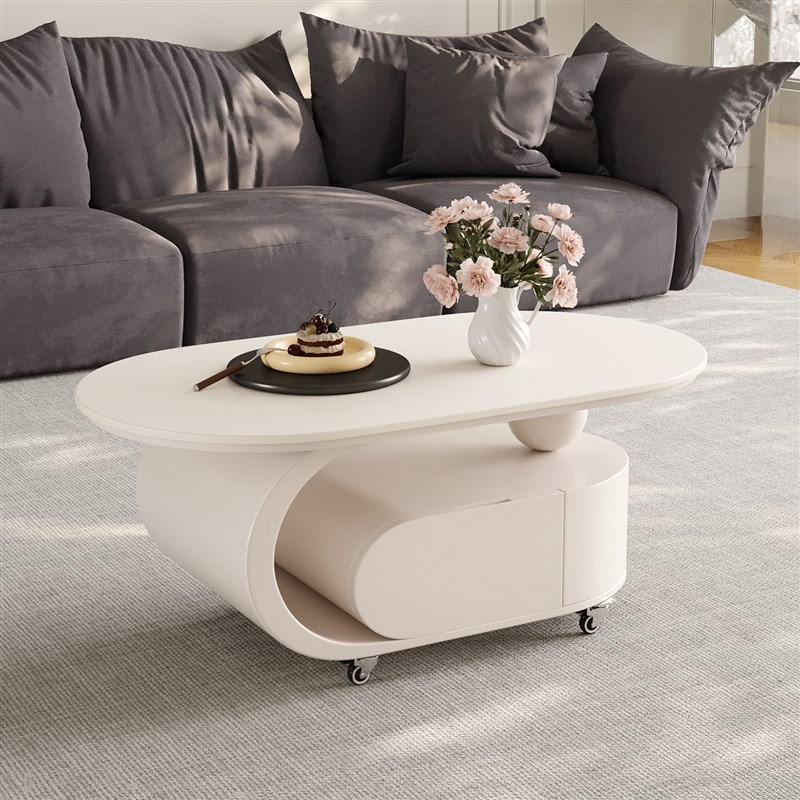 简约奶油风客厅岩板茶几小户型家用轻奢艺术感2025新款Z可移动推